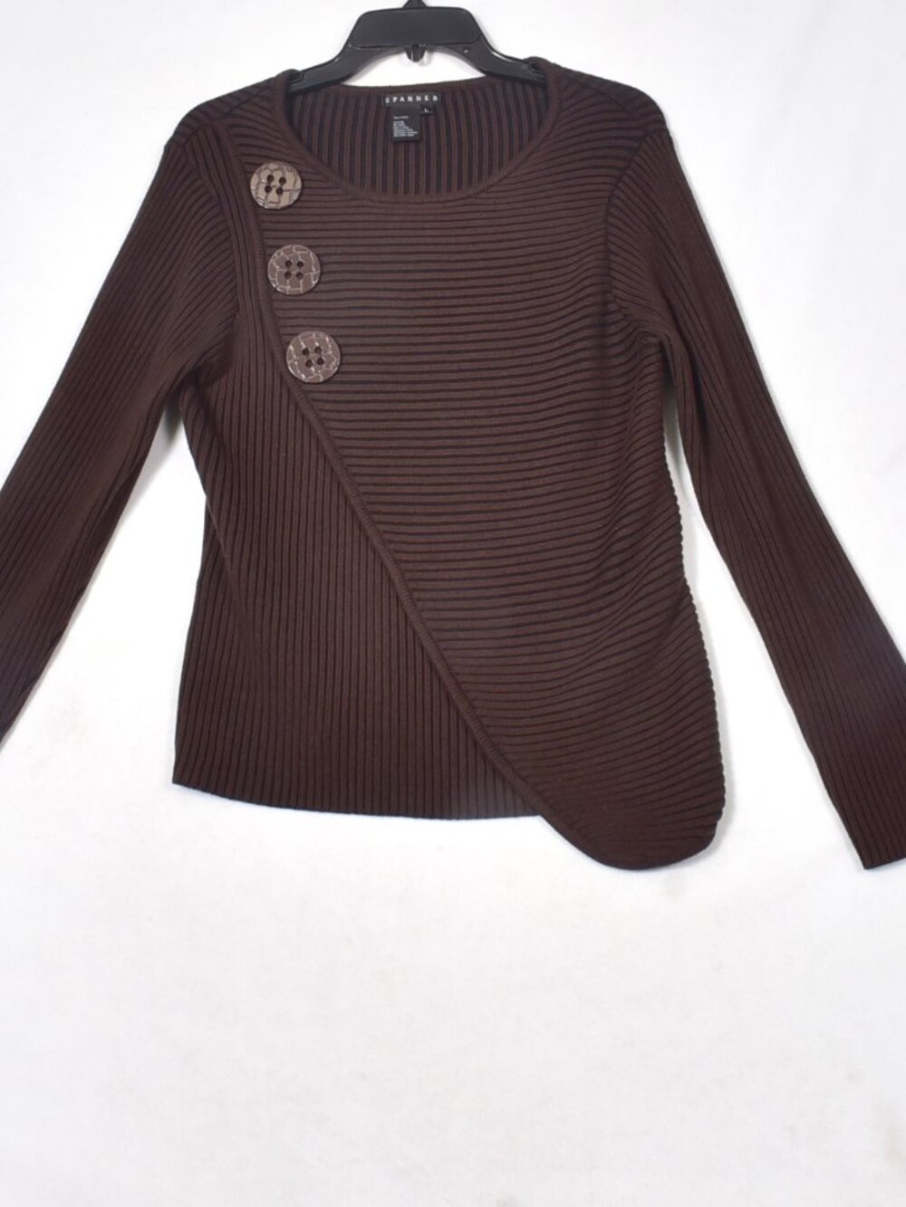 Spanner Women’s Large Brown Ribbed Knit Sweater Asymmetrical Button Front